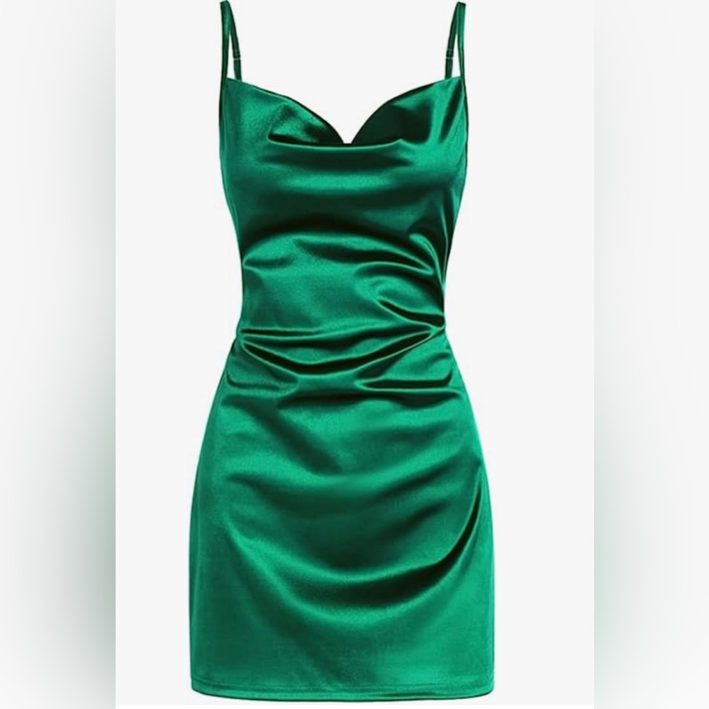 Women's Satin Spaghetti Strap Mini Cowl Neck Party Dress